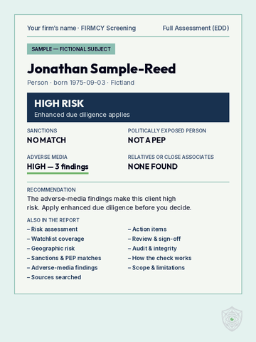 First page of a sample FIRMCY full-assessment report on a fictional subject